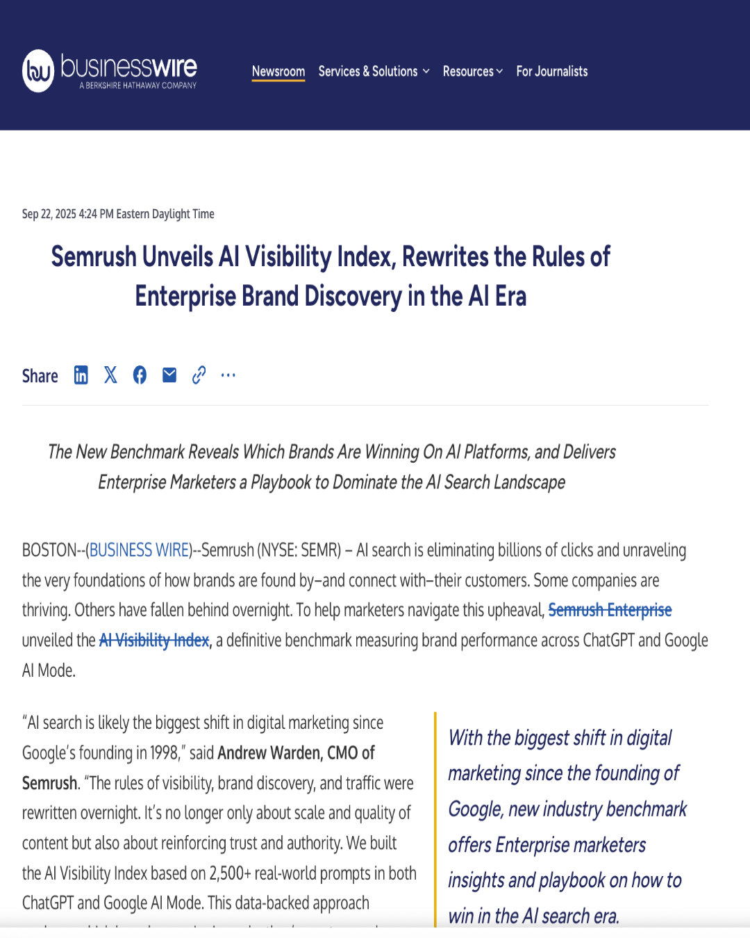Business Wire - Semrush AI Visibility Index